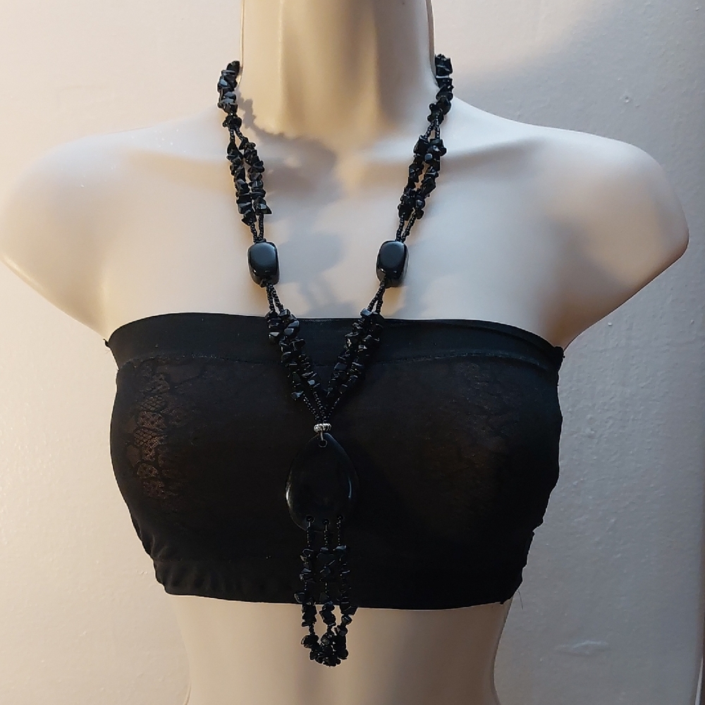 Black Onyx Chipped Beads with Black Glass Beads Y Drop Statement Necklace